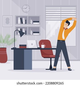 Flat design of man stretching at workplace. Illustration for websites, landing pages, mobile applications, posters and banners. Trendy flat vector illustration