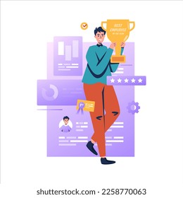 Flat design a man with trophy for Employee of the year concept