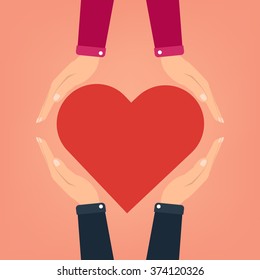 Flat design man two hands giving heart to women. Vector illustration valentine day I love you concept.