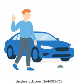 Flat Design Man Waving Hand Standing Beside a Parked Car Illustration