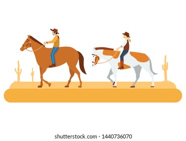 Flat design, man and woman riding horses, Vector Illustration