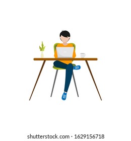 flat design of a man working with his laptop and enjoying time with his coffee at home and in a cafe on a white background