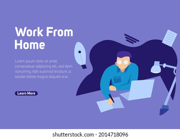 flat design man working from home with laptop. can be used for infographic background