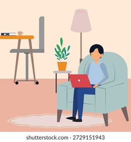Diseño plano de un hombre que trabaja desde casa sentado en un sillón