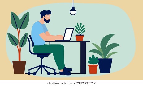 Diseño plano, un hombre está trabajando con una laptop en el espacio de trabajo