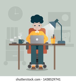 A flat design man working on a desk in an office