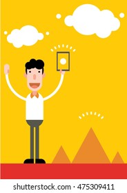 flat design manager with the tablet receives a message from the cultural space in the background sky yellow and orange road