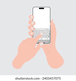 Diseño plano de la mano de un hombre sujetando un smartphone con teclado y teclado, tocando y escribiendo en la pantalla en blanco con el dedo. Vector.
