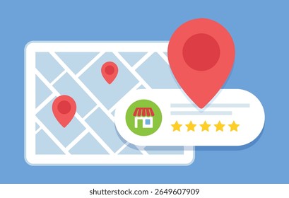 Flat Design Map Illustration Showing Business Location Red Location Pins Five Star Rating Light