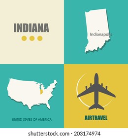 flat design with map Indiana concept for air travel