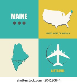 flat design with map Maine concept for air travel