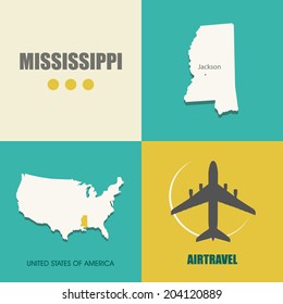 flat design with map Mississippi concept for air travel