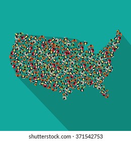 Flat design map of the United States made up of a crowd of people icons. EPS 10 vector royalty free stock illustration