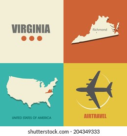 flat design with map Virginia concept for air travel