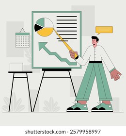 Flat design market plan illustration. A man is pointing at a white board.