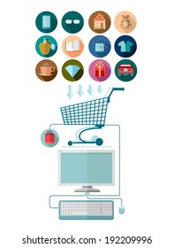 Flat design marketing illustration with computer join with shopping cart and set of icons on the circle background with shadow for E-shoping 