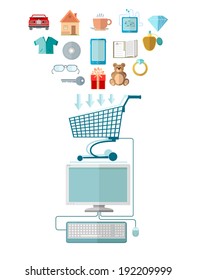 Flat design marketing illustration with computer join with shopping cart and set of icons for E-shoping