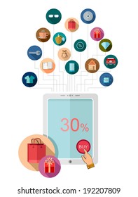 Flat design marketing illustration with tablet join with set of icons on the circle background with shadow for E-shoping