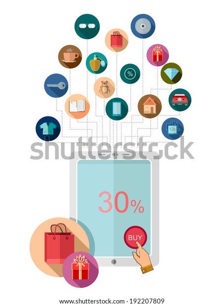 Flat\
design marketing illustration with tablet join with set of icons on\
the circle background with shadow for\
E-shoping