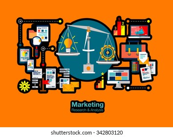 Flat design of marketing research strategy, web business analytics, finance data analysis. Modern vector illustration concept for website or infographics with icons and balance pan with idea