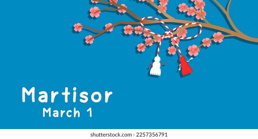 flat design martisor illustration horizontal banner with branch and flowers