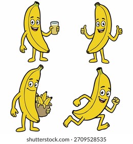 flat design mascot banana fruit drinking juice, giving a thumbs up, buying bananas, and running