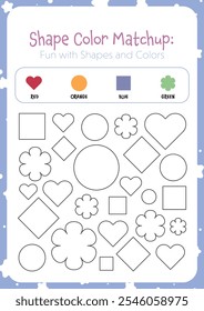Flat design matching and coloring worksheet for preschoolers printable for kids fun learning education, match the shapes with their corresponding colors as indicated