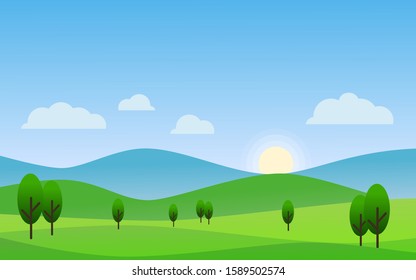 Flat design meadow landscape with sunrise