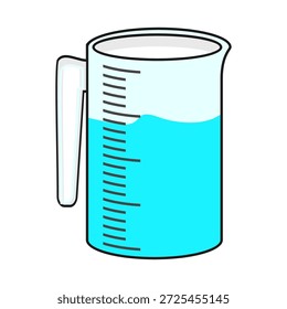 Ilustración de taza de medición de diseño plano con estilo de contorno. Diseño de taza de medición de laboratorio. Icono de Ciencia
