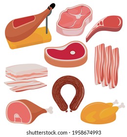 Flat design meat products. Chicken, steaks, pork bacon and ribs, jamon and sausages. Vector icons and design element set.