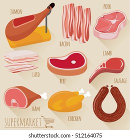 Flat Design Meat Products Vector Icon Set.