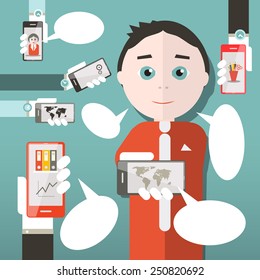 Flat Design Media Vector Illustration with Business Man and Cell Phones