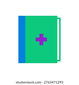 flat design medical book icon with a purple cross symbol on a green cover and blue spine representing healthcare journal clinical records patient history and medical education reference guide