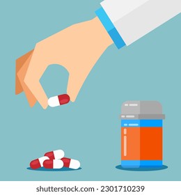 Flat design of medical bottle and a hand holding pills for medicine and healthcare. Illustration for websites, landing pages, mobile applications, posters and banners. Trendy flat vector illustration