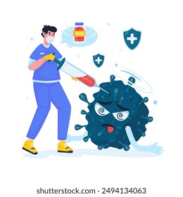Flat design of medical giving an injection of inactivated virus vaccine, Weakened virus injection, Vector illustration