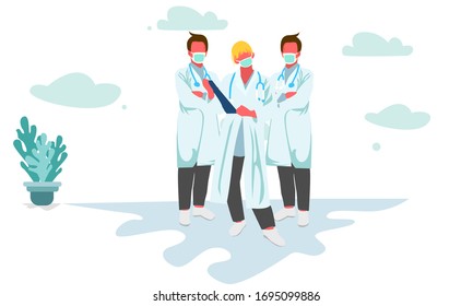 Flat design of the medical group of doctors and officers who are at the forefront of fighting corona