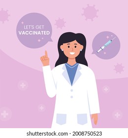 Flat design of medical informative let's get vaccinated with woman doctor illustration vector stock