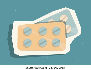 Flat design of medicine blister packs with pills on a teal background. Creative vector illustration conveying healthcare, pharmacy, and medication concepts