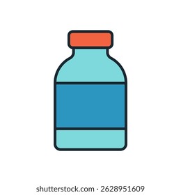 Icono de botella de medicina de diseño plano con tapa roja y etiqueta azul en estilo de Vector de dibujos animados limpio