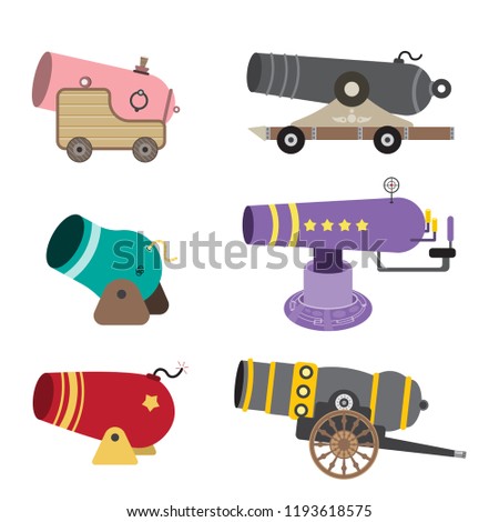 Flat design of medieval cannon firing on a white background. Cartoon concept icon cute style. The subject of war and aggression. Set Vintage gun. vector illustration