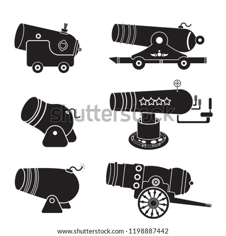 Flat design of medieval cannon firing on a white background. Cartoon concept icon cute style. The subject of war and aggression. Set Vintage gun. vector illustration