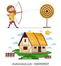 Flat design of medieval character of man doing archery composed with old rural house on white background. 