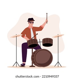 Flat design of men character playing a drum kit. Illustration for websites, landing pages, mobile applications, posters and banners. Trendy flat vector illustration