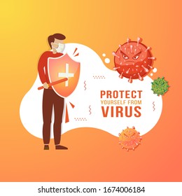 Flat design of men fight with the corona virus, body protection and fight viruses