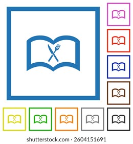 Flat design menu icon set. An open book with crossed knife and fork, symbolizing a restaurant menu or cookbook. Available in various colors.