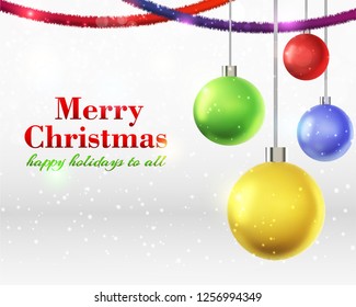 Flat design merry christmas background with colorful decoration balls vector illustration