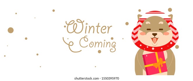 flat design merry christmas background, shiba inu brown puppy as santa claus special winter coming greeting - vector