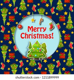 Flat design merry christmas card with small fir trees and other holiday symbols vector illustration