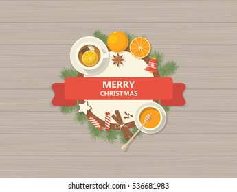 Flat Design Merry Christmas card creative label. Vector Eps 10.