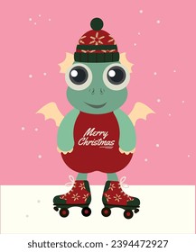 Flat Design Merry Christmas illustration with Dragon Wearing a Merry Christmas Sweater and Hat, Roller Skates